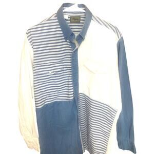 Vtg Roper Denim Chambray Button Down Shirt XL Blue White Color Block Patchwork